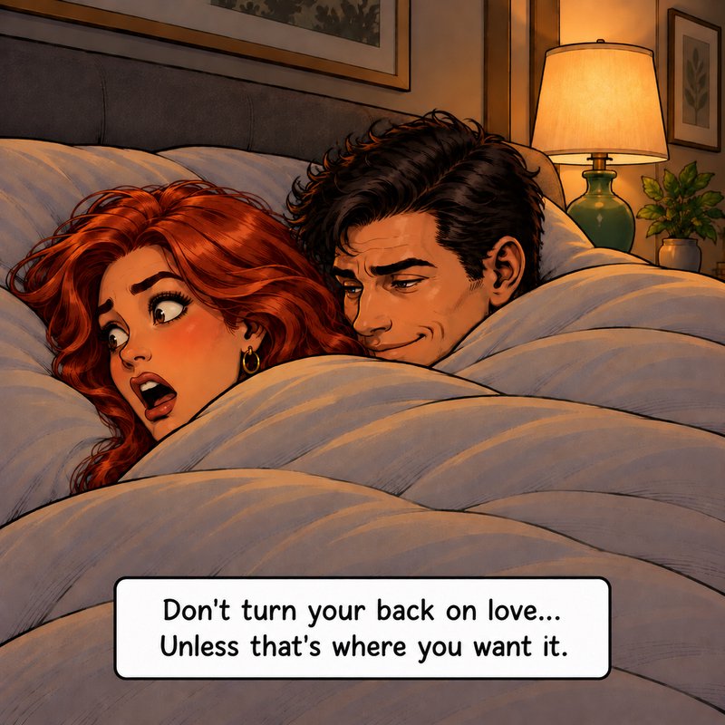 Surprised red-haired woman and smirking man lay in bed with a humorous relationship meme quote