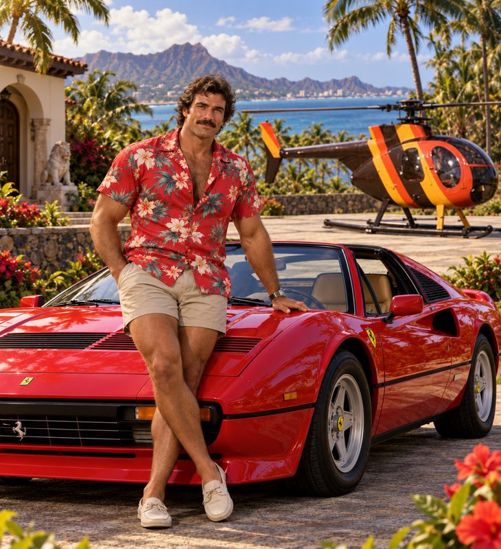 Handsome mustachioed man leans on a red classic Ferrari at a sunlit tropical oceanfront estate