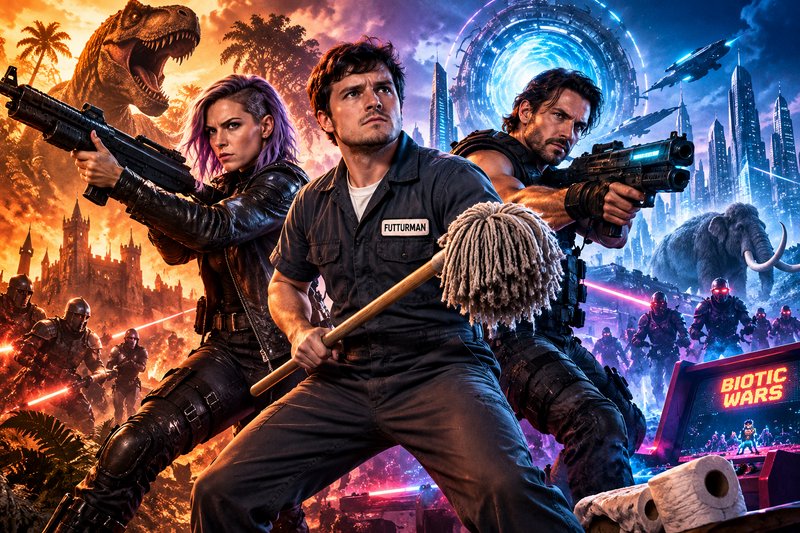 Three battle-ready protagonists, one holding a mop, stand between clashing fantasy and sci-fi wor...
