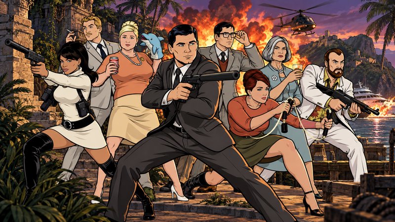 Sterling Archer and his full spy team stand armed in a chaotic tropical action scene with explosi...