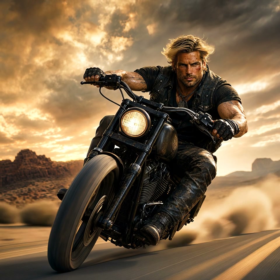 Rugged man on a black motorcycle riding fast through a dusty desert sunset.