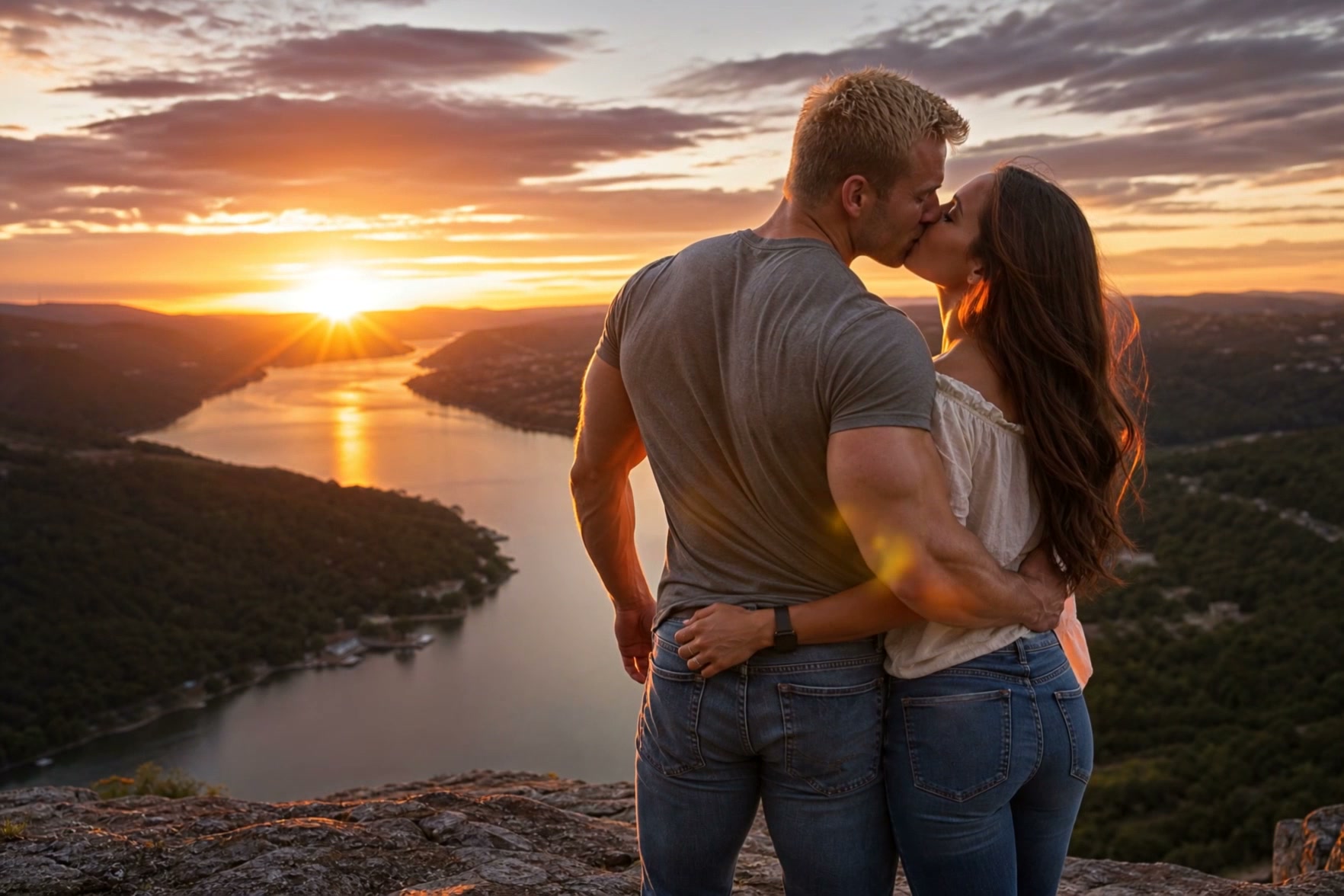 Couple kissing at sunset on a cliff overlooking a river valley.