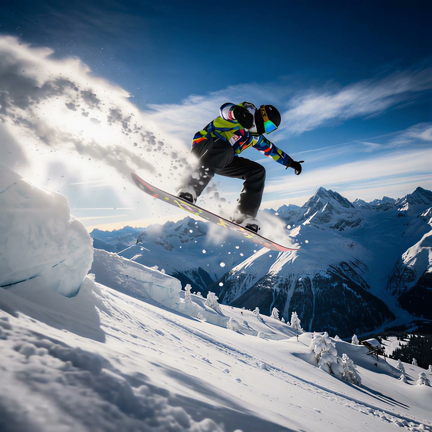 Snowboarder performing a high jump off a snowy mountain slope with powder spray.