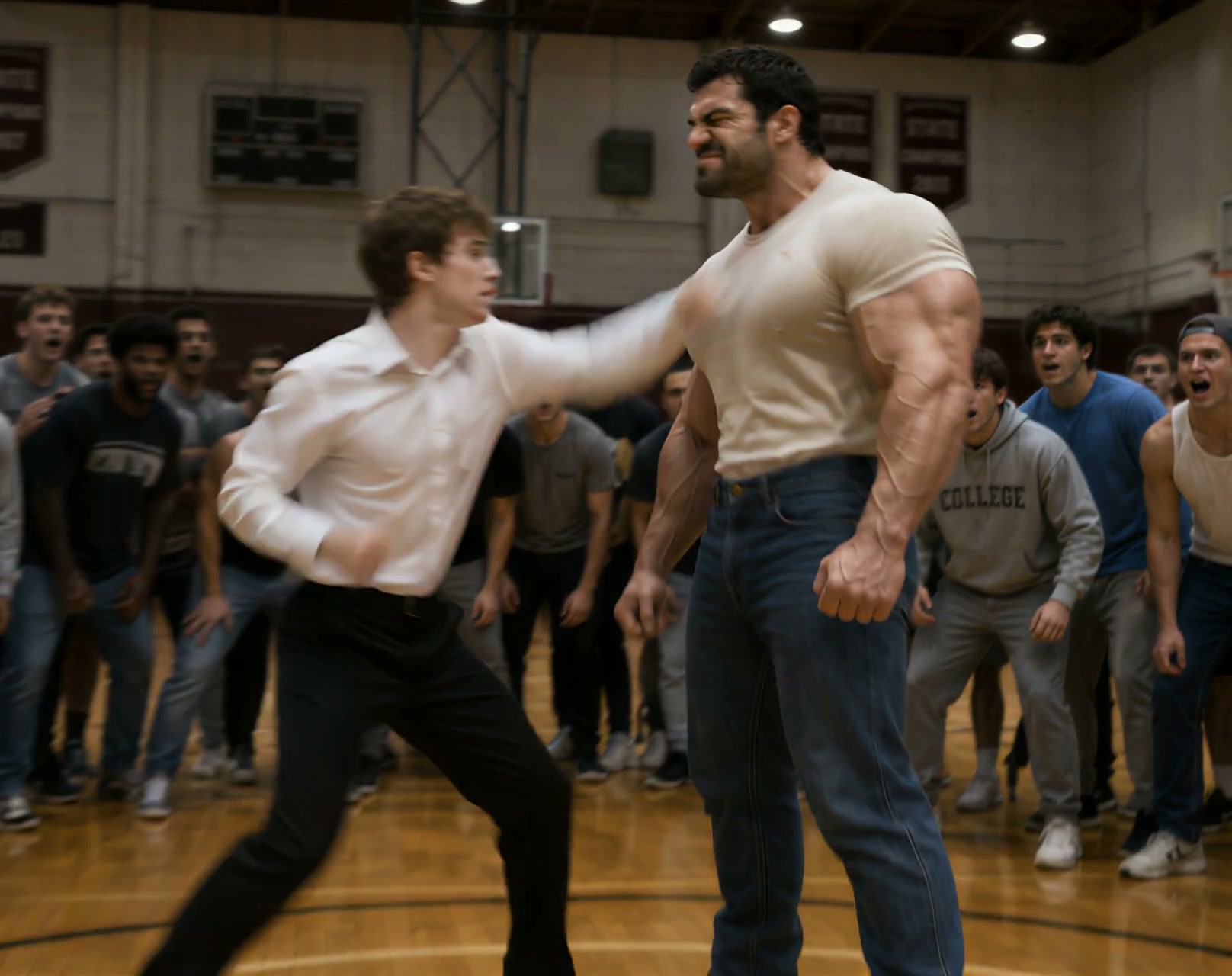 A young man punches an extremely muscular giant in a college gym, as a crowd of shocked student o...