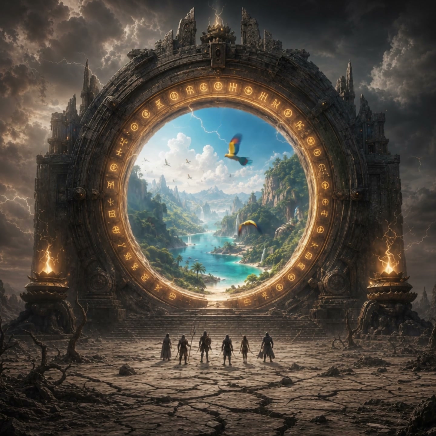 Ancient glowing rune portal opens to a lush tropical paradise, warriors stand on barren storm-sco...
