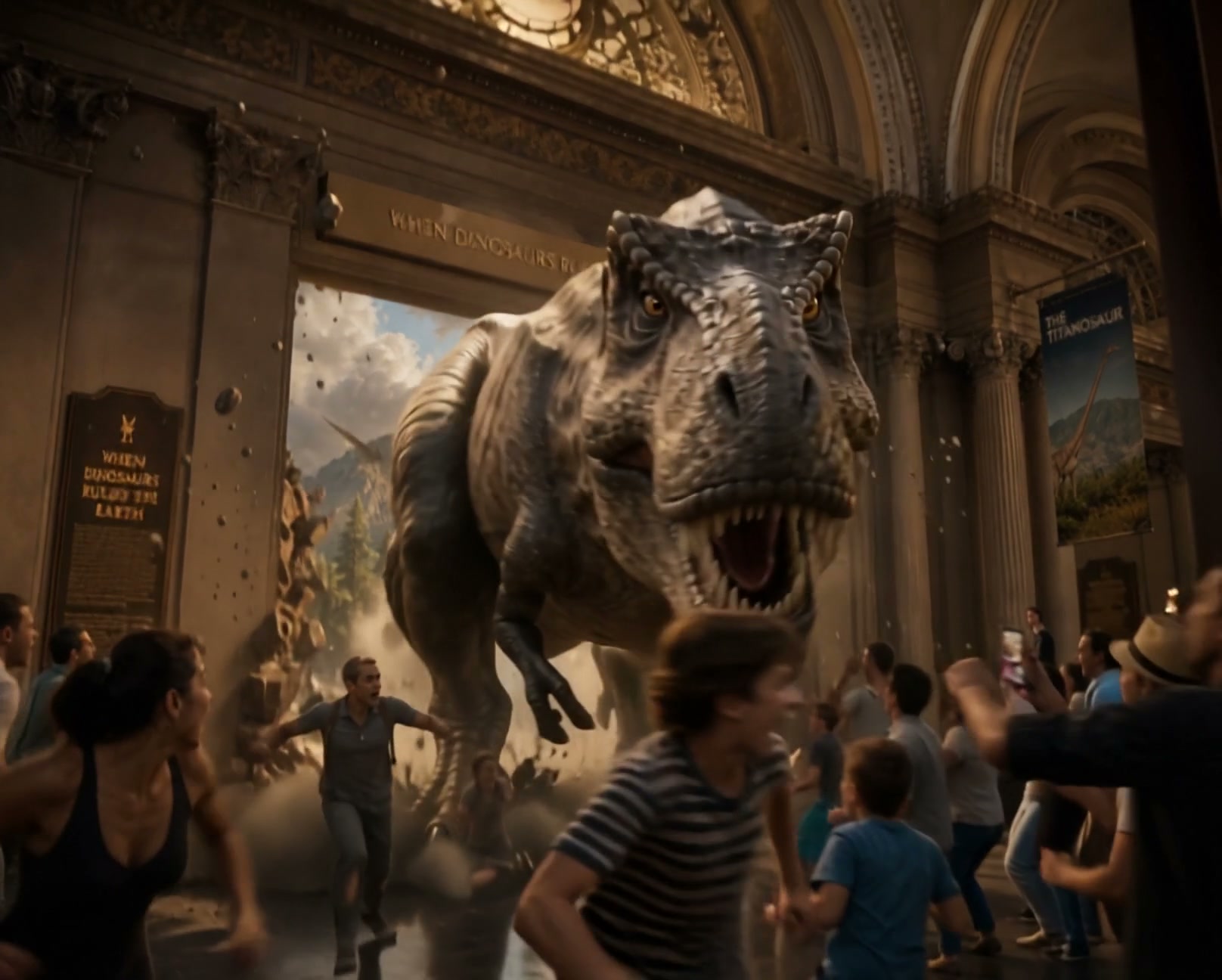 Snarling T-Rex bursts through a natural history museum exhibit wall as panicked visitors flee the...