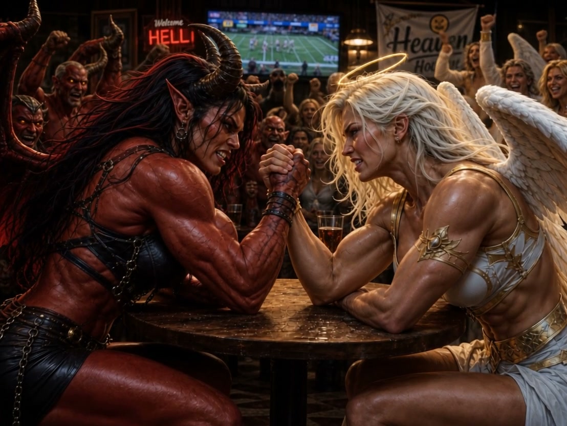 Muscular horned demon woman and winged haloed angel woman compete in a tense arm wrestling match ...