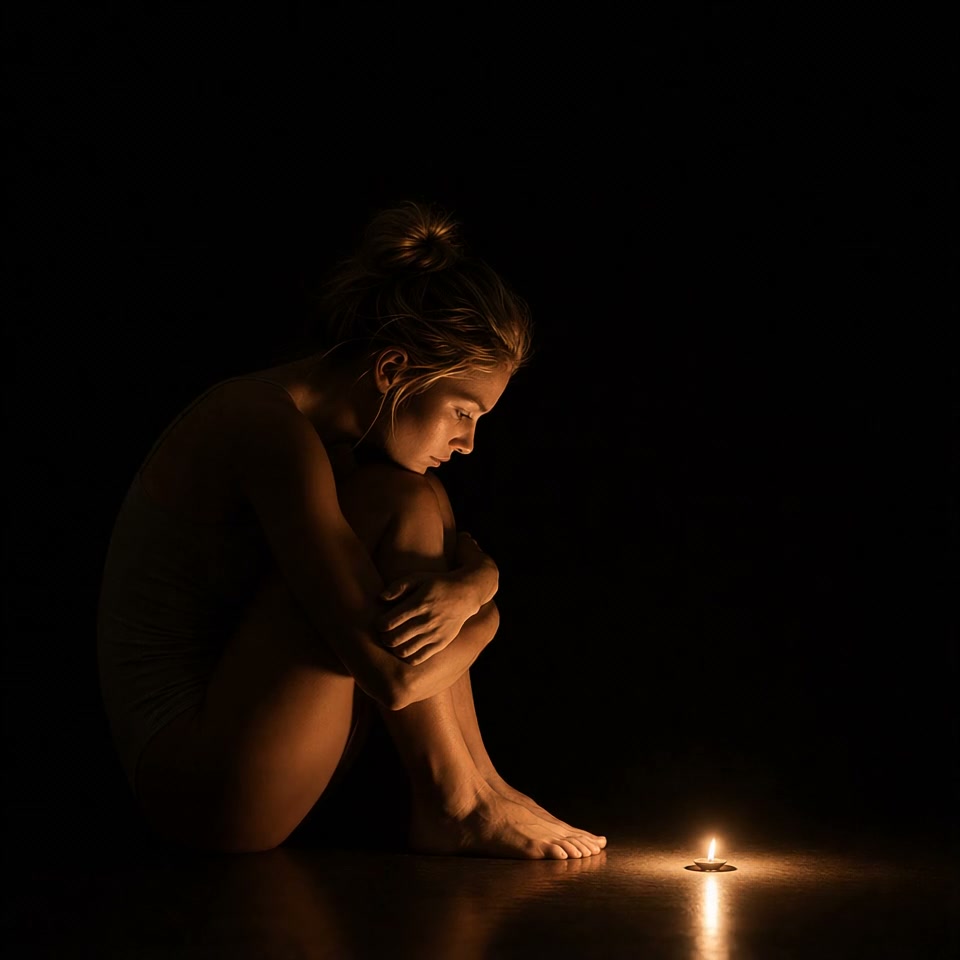Somber crouched woman sits on a dark floor, illuminated only by a single small lit tealight candl...