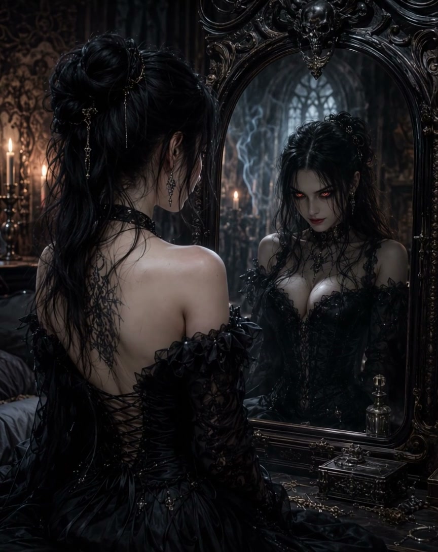 Gothic woman in black lace gown stares at her glowing red-eyed supernatural reflection in an orna...