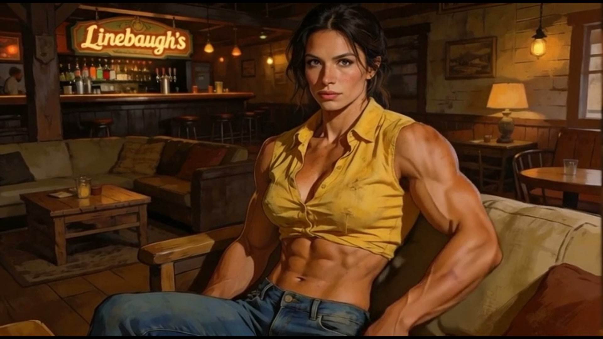 Confident highly muscular woman in a cropped yellow shirt sits inside warm rustic Linebaugh's bar...