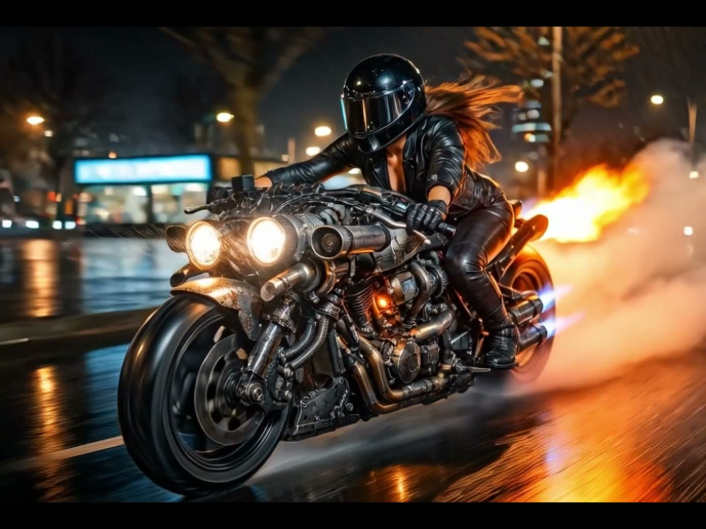 Helmeted female biker speeds on custom steampunk motorcycle across wet night city street with fie...