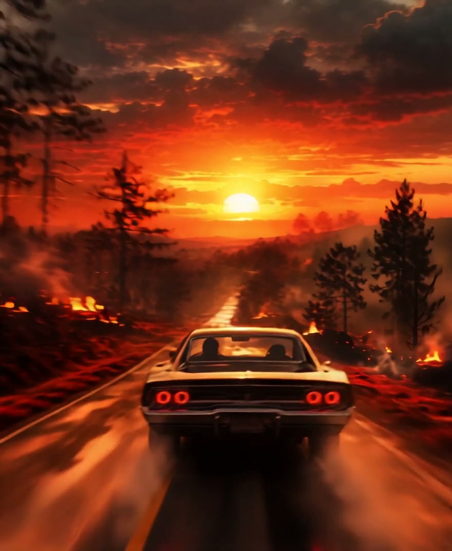 Rear view of classic muscle car driving down burning forest road under vivid fiery orange sunset