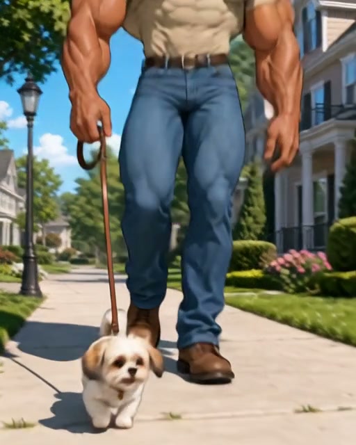 Exaggerated muscular man walks a tiny fluffy puppy on a leash down a sunny suburban sidewalk