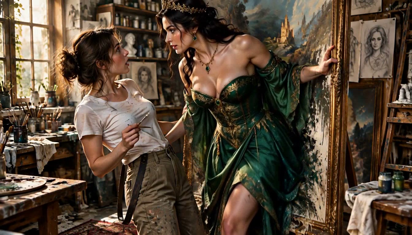 Surprised female painter meets a regal woman in an emerald gown next to a canvas in a sunlit art ...