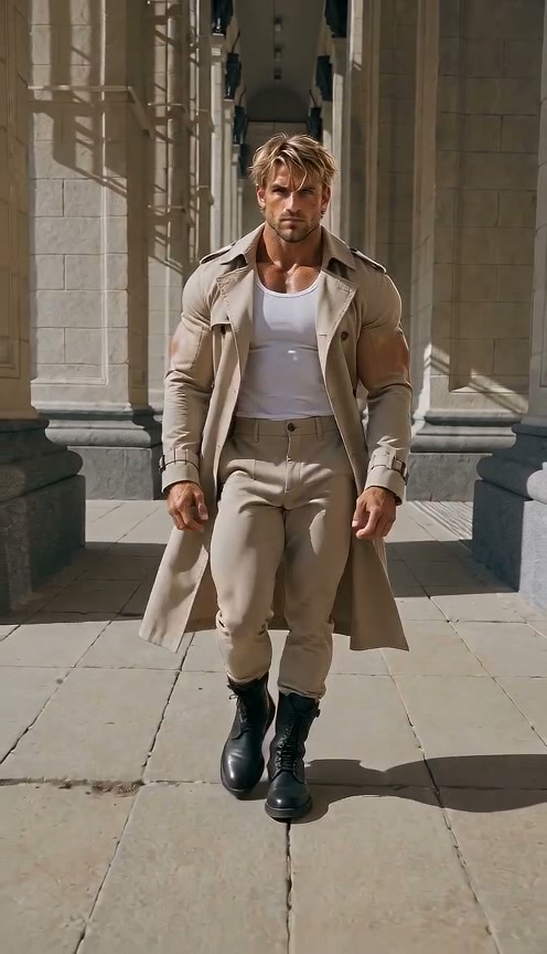 Muscular blonde man in a beige trench coat walks toward the camera through a stone colonnade