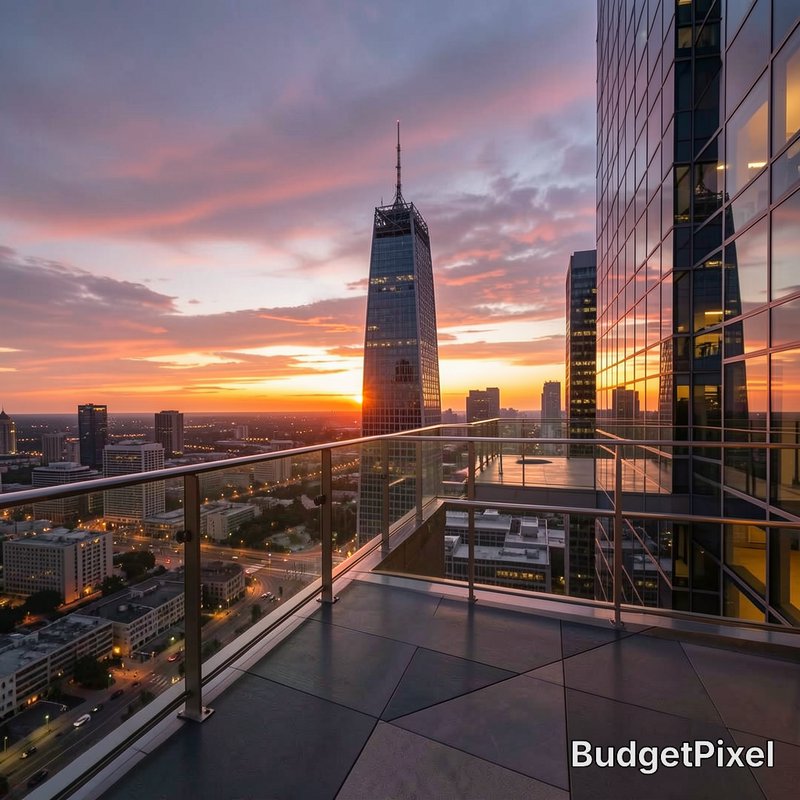 Elevated rooftop terrace view of modern downtown glass skyscrapers against a vibrant pink and ora...