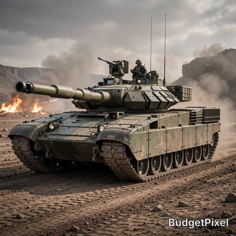 Weathered olive green main battle tank advances across a dusty combat battlefield, soldier mannin...