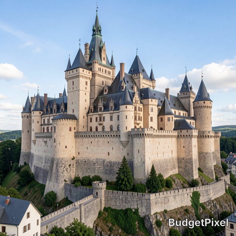 Grand fairytale medieval stone castle perched on a rocky hill, with fortified walls, turrets, and spires under a bright bl...