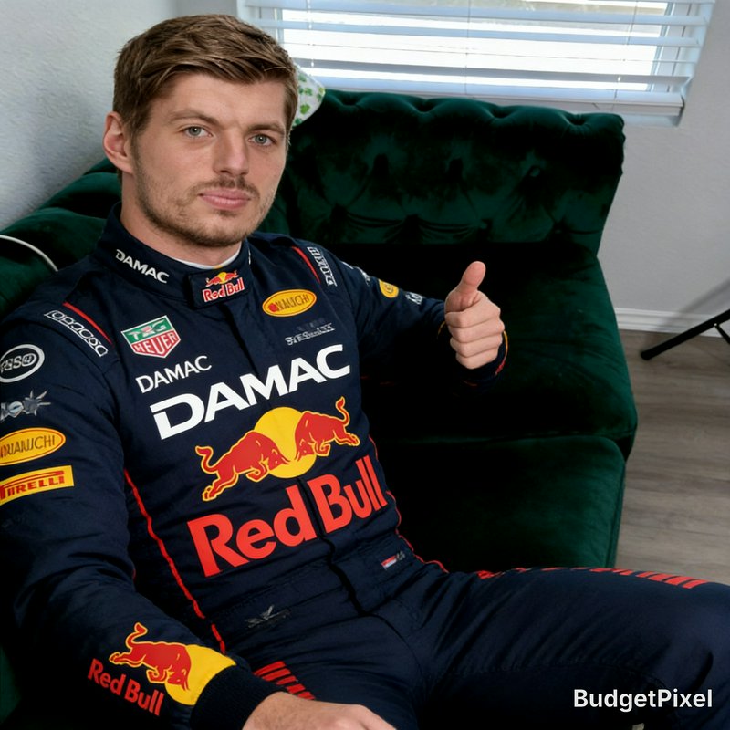 Male racing driver in a dark blue Red Bull/DAMAC suit giving a thumbs up on a green sofa.