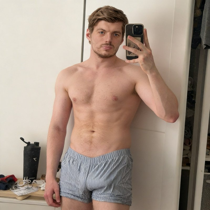 Male shirtless man in striped boxer shorts takes a mirror selfie in a bedroom.