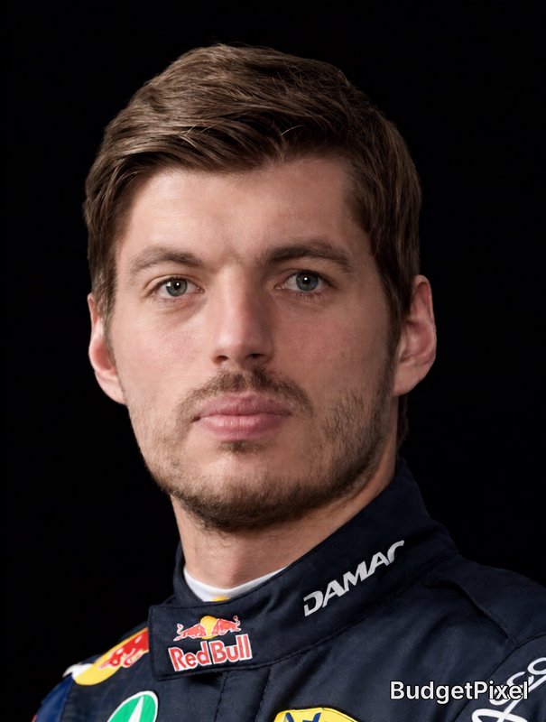 Portrait of a male race car driver in a dark racing suit with Red Bull logo.