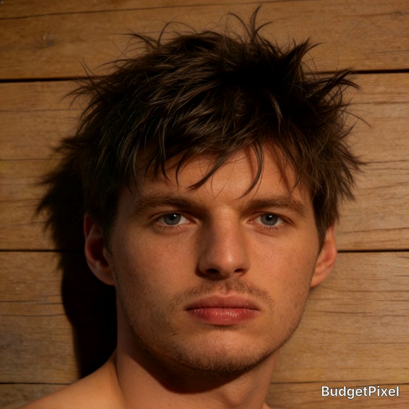 Portrait of a young man with tousled brown hair and light stubble against a wooden backdrop.
