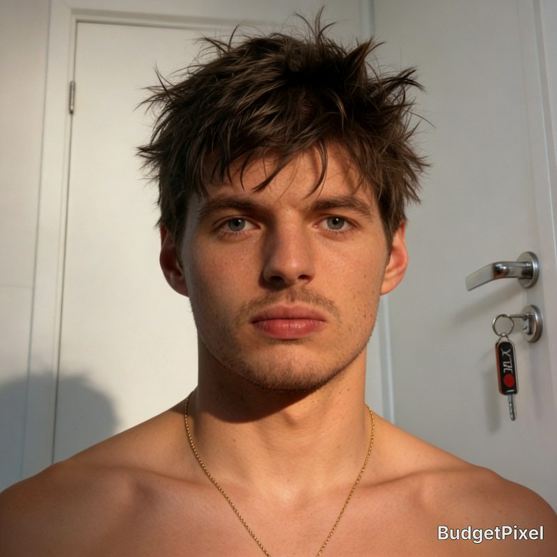 Portrait of a shirtless young man with spiky brown hair indoors, neutral expression.