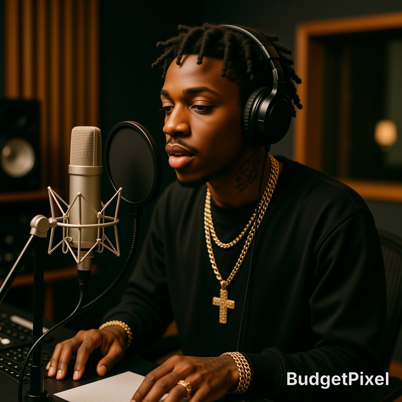 Male singer in a recording studio with headphones, speaking into a large microphone and pop filter.