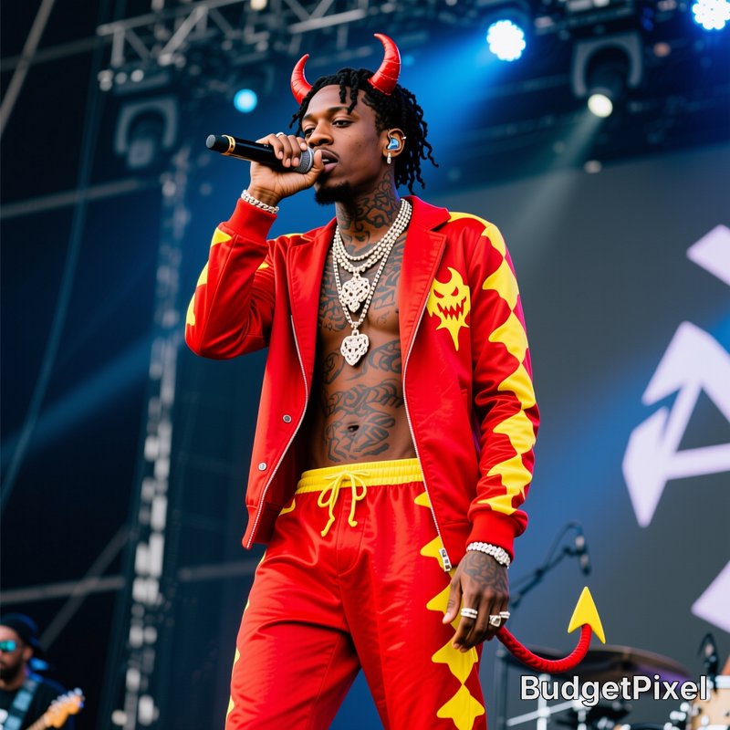 Rapper on stage wearing red devil-horn headband and red-yellow tracksuit with visible tattoos.