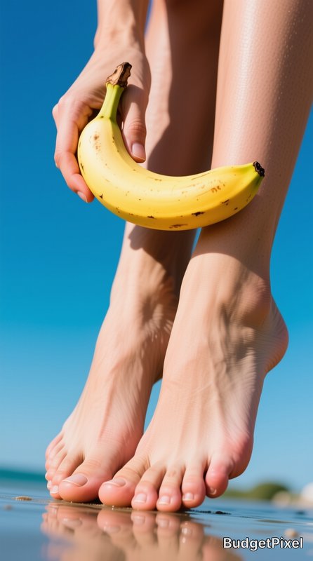 Banana held by fingers against bare feet on a sunny beach with a blue sky backdrop.