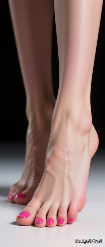Close-up of groomed woman's bare feet with glossy bright hot pink pedicure, foreground foot in sh...