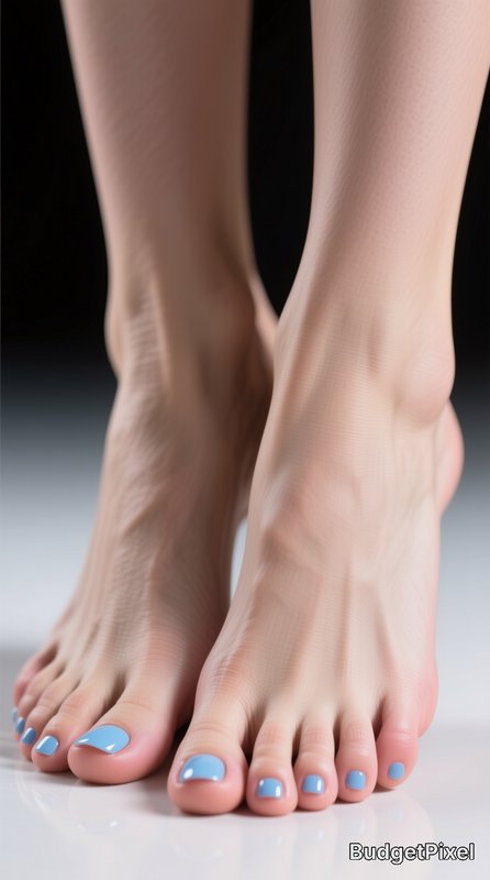 Close-up of groomed bare feet with glossy light blue pedicure, foreground foot in focus on a refl...
