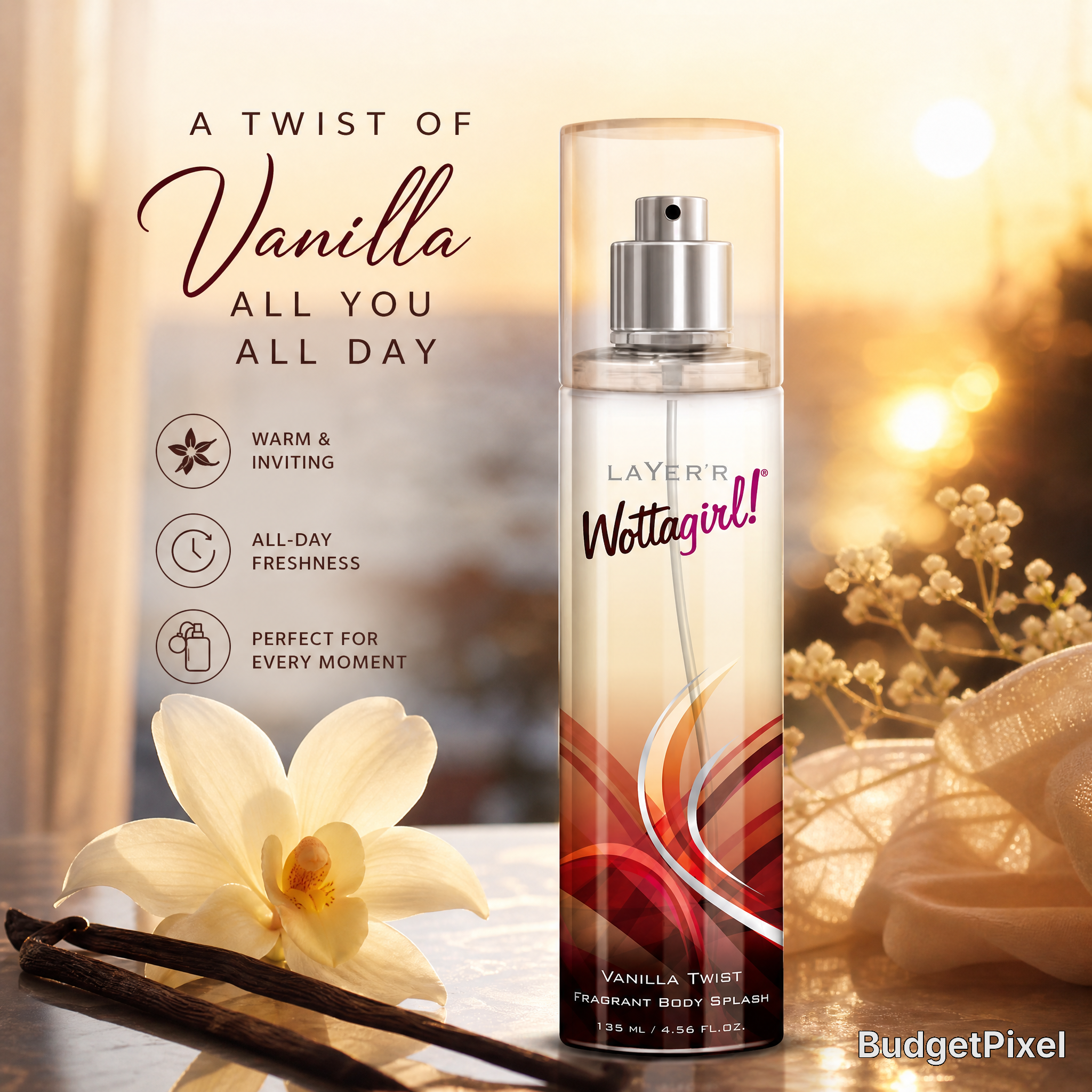 Bottle of Layer'r Wottagirl Vanilla Twist body spray against a warm sunset with vanilla flower and decorative swirls.
