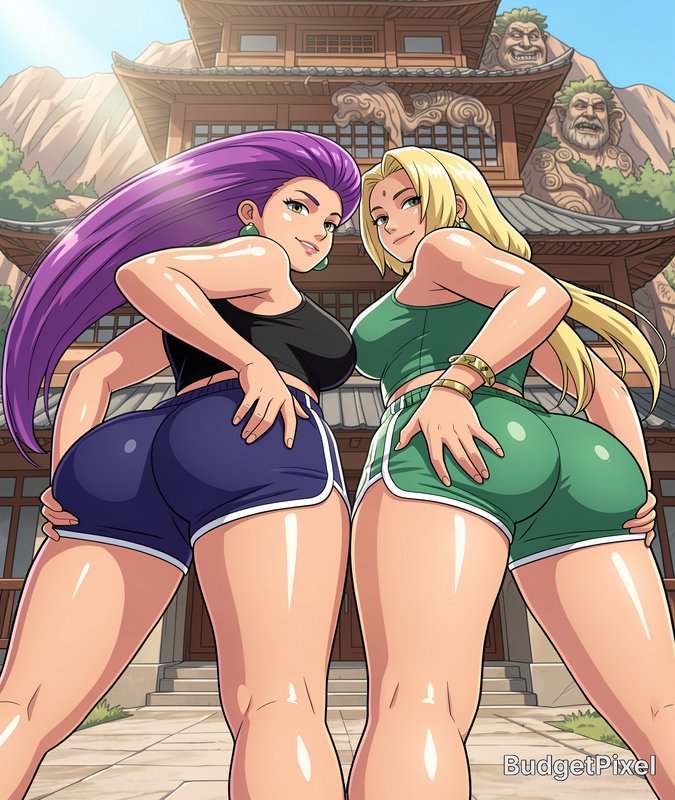 Two anime women in athletic wear pose back-to-back outside a traditional Japanese temple, looking...