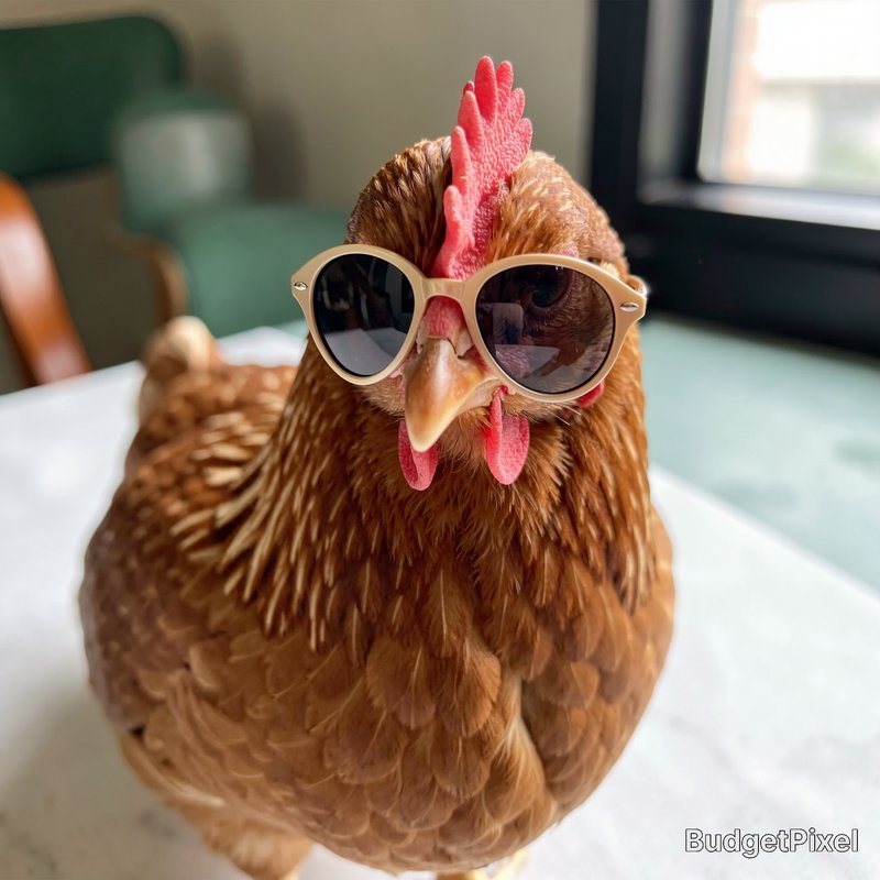 Close up of a fluffy brown domestic hen wearing tiny round beige sunglasses, looking directly at ...
