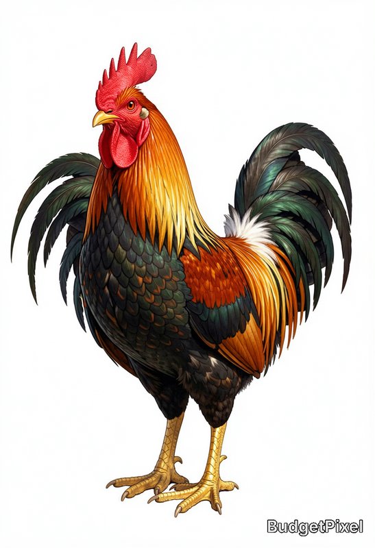 Vibrant illustrated rooster with colorful plumage standing isolated on a plain white background