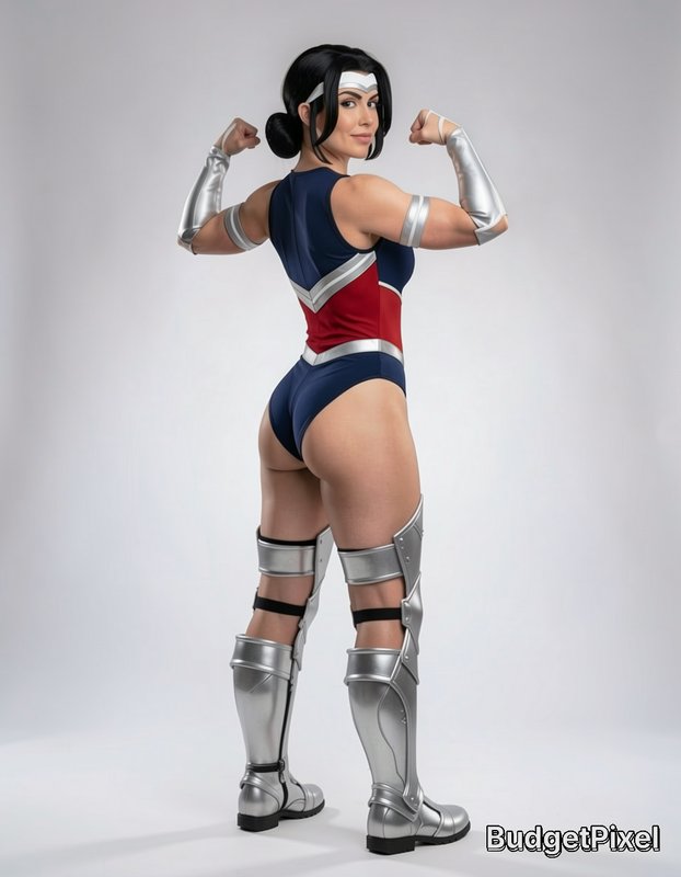 Muscular female superhero cosplayer flexing biceps, looking back at camera against a plain light ...