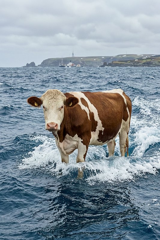 Brown and white cow stands waist-deep in choppy open ocean, staring at camera with distant coasta...