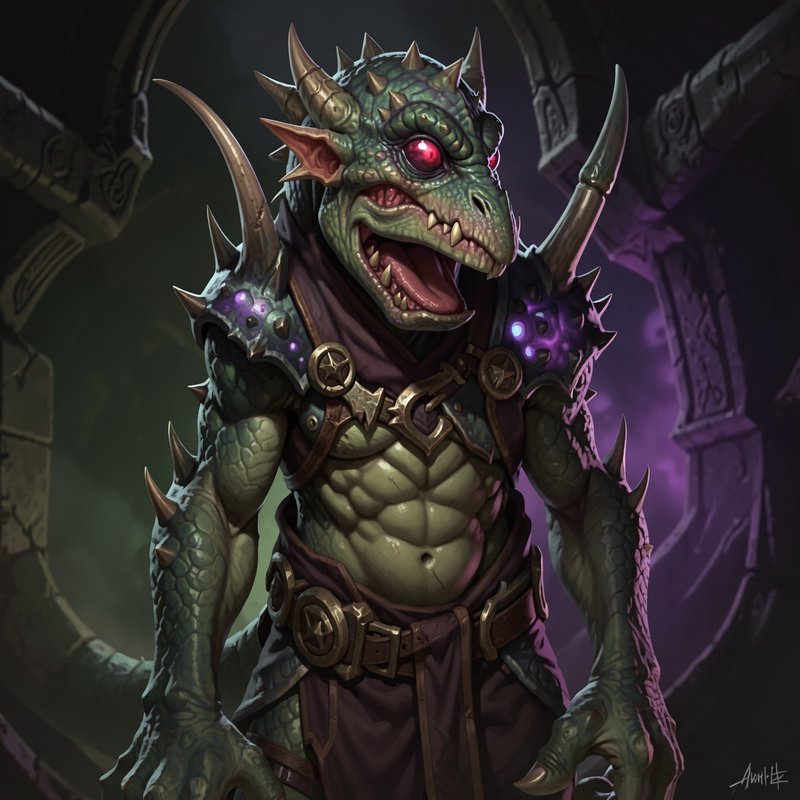 Menacing spiked lizardfolk fantasy warrior with glowing red eyes stands in a dark stone dungeon w...