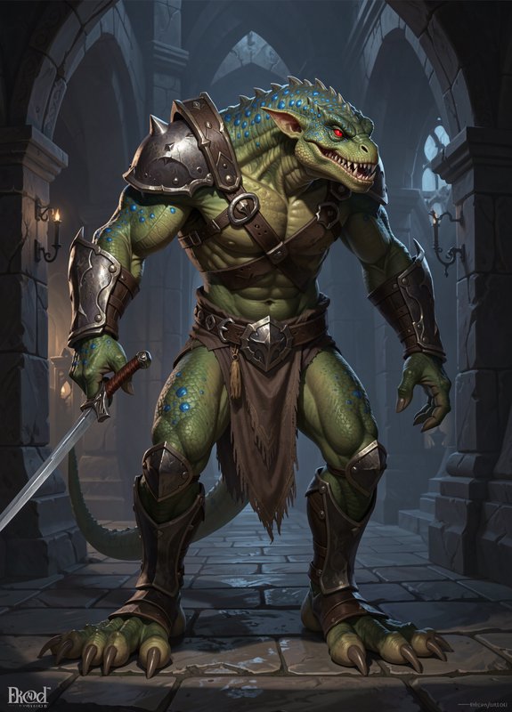 Muscular armored lizardfolk warrior holding a sword stands guard in a dim gothic stone castle cor...