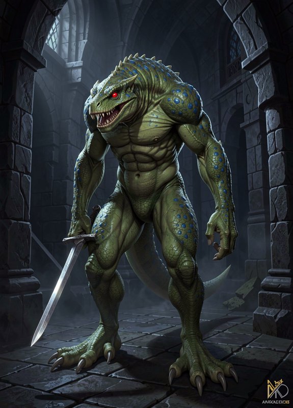 Muscular scaly green lizardfolk warrior with glowing red eyes holds a sword, standing in a dark s...