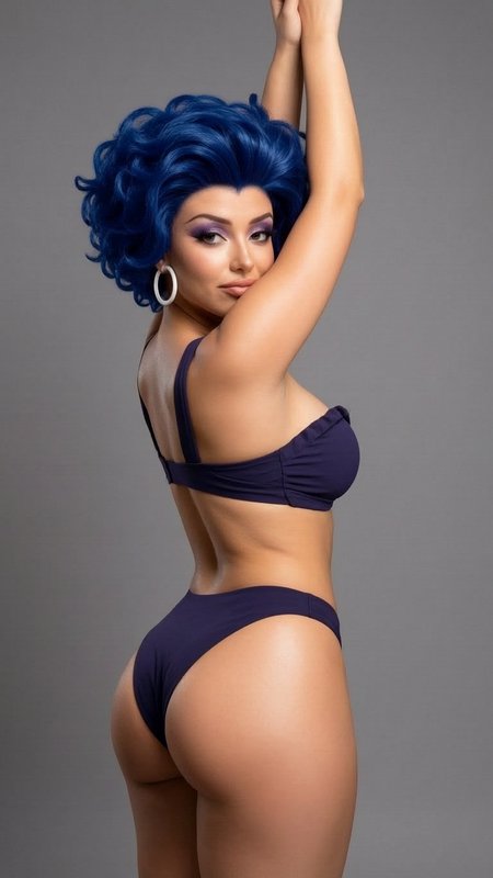Model with voluminous bright blue curly wig poses in a dark purple bikini, looking over her shoul...