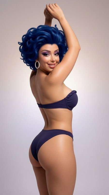 Woman with bright curly blue wig wears a navy bikini, smiling over her shoulder with arms raised ...