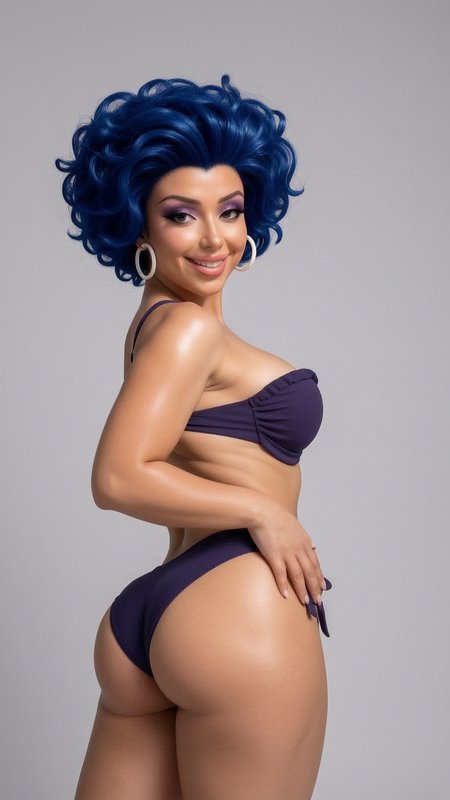Smiling cosplayer with voluminous bright blue curly wig wears a purple bikini, posed against a pl...