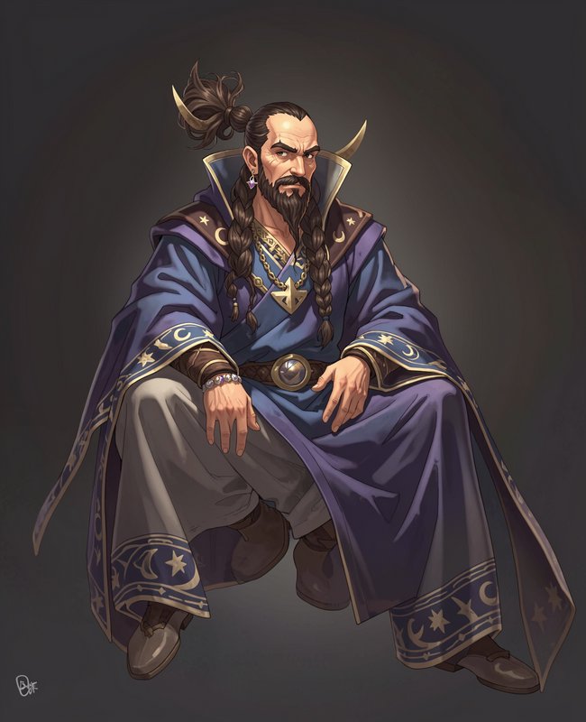 Seated stern male celestial wizard with braided beard, star embroidered blue robes, fantasy chara...