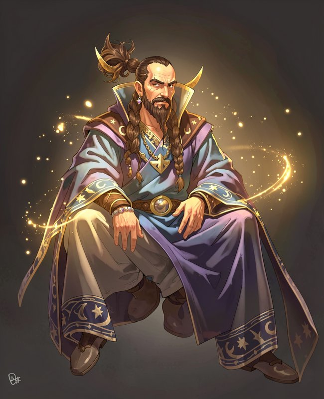 Stern bearded celestial wizard in star-embroidered purple robes sits surrounded by swirling glowi...