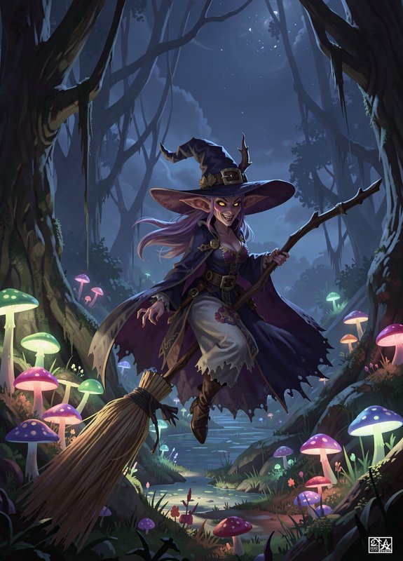 Grinning goblin witch flies on a broomstick through a glowing bioluminescent mushroom enchanted f...