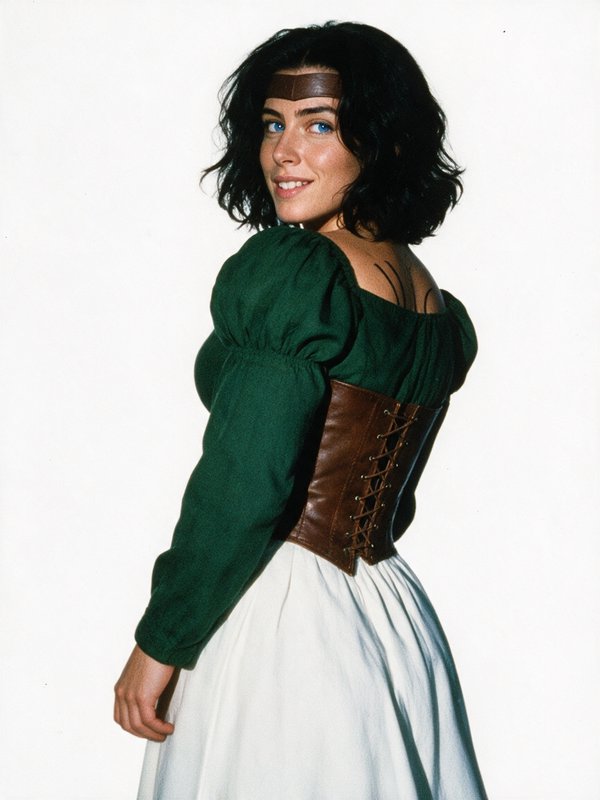 Woman in medieval fantasy costume smiles while looking back over her shoulder against a plain whi...