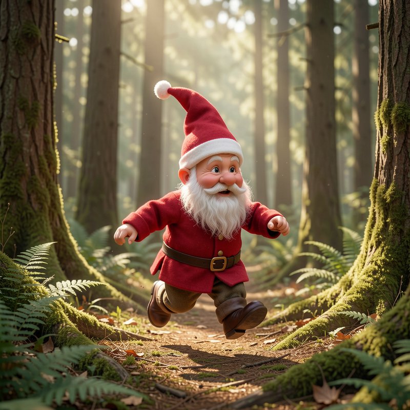 Cheerful bearded gnome in a red pointed hat leaps playfully along a sunlit mossy forest path