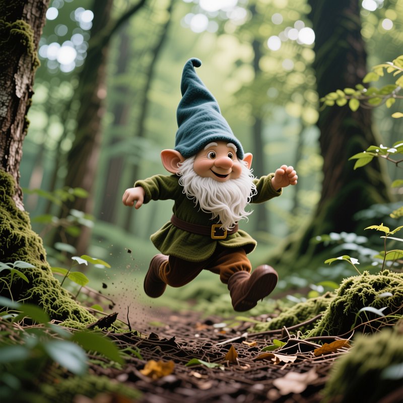 Cheerful bearded forest gnome jumps playfully along a mossy sun-dappled woodland path
